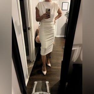 Draped Mock Neck Midi Sheath Dress